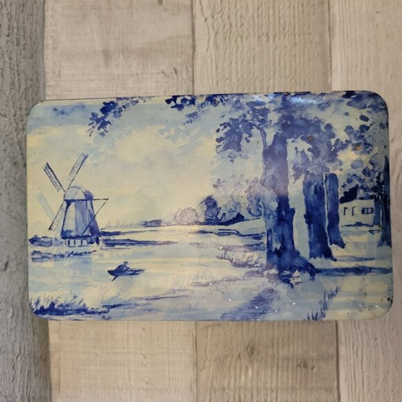 Vintage Patria Windmill Design Metal Tin Box 1970s Dutch Blue & White - Picture 10 of 11